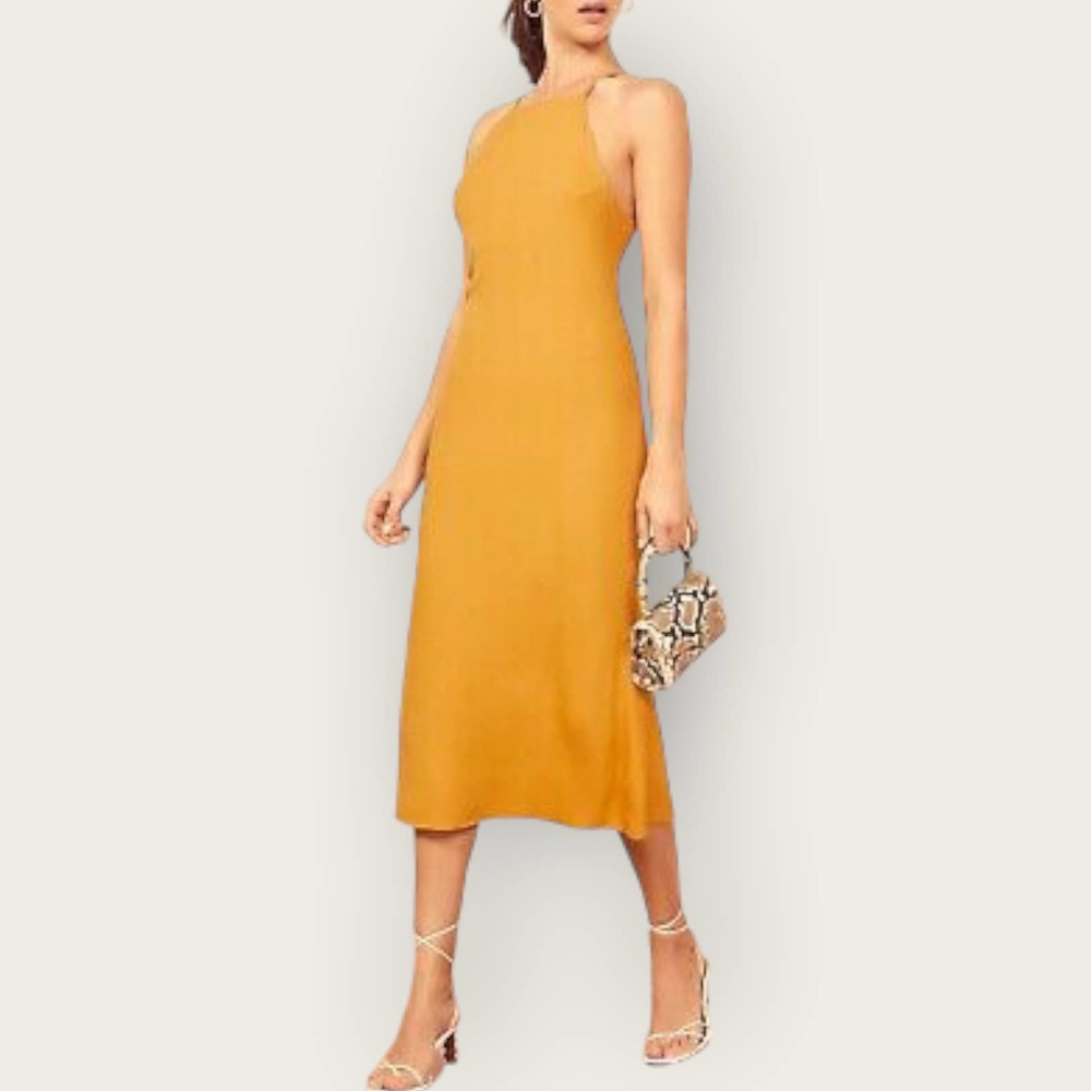 Reformation Roman Midi Dress | Size 0 | Ochre Yellow High Neck Strappy Back